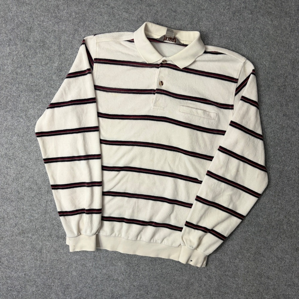 Vintage Brownstone Mens Medium Velour Striped Long Sleeve Polo Shirt Cream M